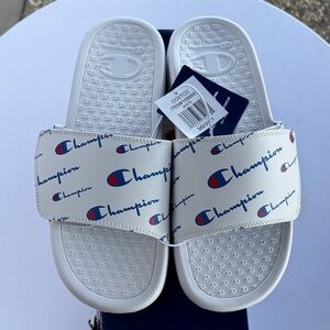 Champion White Slides with Blue and Red Logo Print